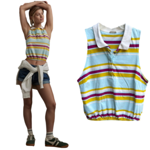 Anthropologie Pilcro Collared Bright Striped Sleeveless Polo Tank Top Oversized